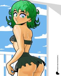 1girls ass ass_focus bikini booty bubble_butt butt curly_hair female female_only green_eyes green_hair looking_back nipple_slip one-punch_man pichichi skinny skirt small_breasts solo source_removed tatsumaki underboob