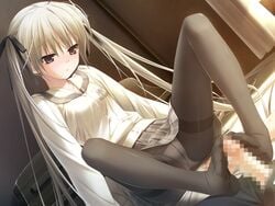 bed brother_and_sister censored feet footjob footjob_with_legwear game_cg haruka_na_sora hashimoto_takashi highres incest kasugano_haruka kasugano_sora long_hair panties panties_under_pantyhose pantyhose penis school_uniform siblings solo spread_legs taboo tied_hair twincest twins twintails underwear upskirt very_long_hair yosuga_no_sora