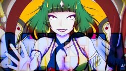 1girls 2019 bare_shoulders big_breasts blunt_bangs blurry cleavage collarbone earrings elephant ell182a_(masa_works_design) english_text eyeshadow female ganesha ganesha_(vocaloid) gold_earrings gold_jewelry golden_earrings grin gumi hand_up hoop_earrings jewelry jewels lipstick looking_at_viewer makeup masa_works_design multicolored_hair mv_character official_art palms pink_lipstick red_eyes red_eyeshadow red_hair red_nail_polish red_nails sanpaku screenshot simple_background smile snake snake_eyes solo song_name suggestive teeth text upper_body vocaloid yellow_background