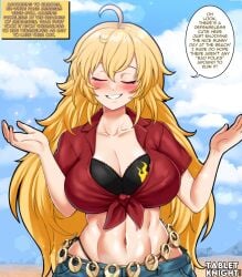 1girls beach blonde_hair closed_eyes female rwby shrug smile tabletknight tagme text yang_xiao_long