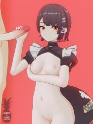 1boy 1girls 3d black_hair blender_(software) dissappointed_look ellen_joe hair_ornament handjob maid maid_uniform notapineapple painted_nails partially_clothed plain_background red_eyes self_upload shark_tail short_hair tail victoria_housekeeping zenless_zone_zero