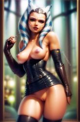 2d 2d_(artwork) ahsoka_tano ai_assisted ai_generated breasts breasts christmas darkclark2416 hips navel nipples pussy single_girl sitting smile solo solo_female star_wars