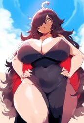 ai_generated amber_eyes ameanon black_dress dark_hair female large_breasts sorceress sorceress_sophia thick_thighs two_tone_hair villainess witch