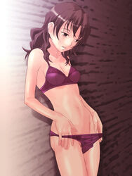 bow_panties bra brown_eyes brown_hair eye_bags female itou_nobuhiro kiyama_harumi lingerie long_hair mound_of_venus navel panties panty_pull pubic_hair see-through shadow solo to_aru_kagaku_no_railgun to_aru_majutsu_no_index underwear undressing