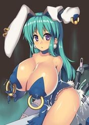 anal areola_piercing ass_juice breasts bunny_ear bunny_tail bunnysuit choker earrings elbow_gloves frills garters gloves green_hair hikaru_(parodius) huge_breasts jewelry lactation lactation_through_clothes lactation_without_expressing leg_garter leotard long_hair milk nagase_haruhito nipple_piercing nipple_rings nipples parodius pasties pierced_through_clothes piercing purple_eyes sex_machine star_pasties tail topless