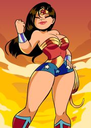 1girls artist_signature black_hair boots bracelet busty cleavage closed_eyes dc dc_comics diana_prince hips legs light-skinned_female light_skin sgtmadness solo superheroine tiara wonder_woman wonder_woman_(series)