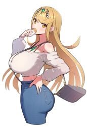 1girls ass big_breasts blonde_hair breasts bubble_butt casual_clothes core_crystal dat_ass female gold_eyes gonzarez huge_breasts jeans large_ass large_breasts light-skinned_female light_skin long_hair mythra nintendo thick_thighs xenoblade_(series) xenoblade_chronicles_2