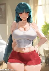 ai_generated creamy_ai curvy dark_green_hair dolphin_shorts green_hair large_breasts patreon_username pokemon red_eyes sabrina_(pokemon) thick_thighs