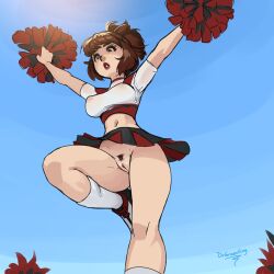 1girls bent_leg brown_eyes brown_hair cheerleader cheerleader_uniform dr_graevling female female_only looking_down no_panties no_panties_under_skirt pom_poms pussy skirt solo standing_on_one_leg uniform upskirt viewed_from_below