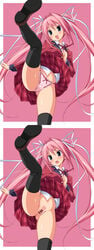 black_legwear black_thighhighs blue_eyes blush censored hair_ribbon highres kodama_izayoi koku long_hair no_panties panties pink_hair pink_panties pubic_hair pussy ribbon stellula_eques thighhighs tied_hair twintails underwear very_long_hair