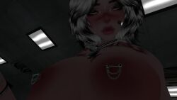 breasts close_up cyrivr dark_environment dim_lighting female female_only jpeg light-skinned_female light_skin nipples pale-skinned_female pale_skin pierced_nipples piercing piercings pink_nipples solo vr_media vrchat vrchat_avatar white_hair wolf_cut