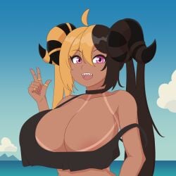 1girls 2024 absurd_res ahoge aife_(zanamaoria) big_breasts big_horns blonde_hair brown_hair female female_only hair_on_horn horns long_hair looking_at_viewer open_mouth pink_eyes sharp_teeth smiling smiling_at_viewer solo succubus succubus_horns tan_skin tank_top tanline tongue_piercing two_tone_hair vanilireph