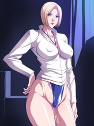 1girls 2d 2d_(artwork) anime_style blonde_female blonde_hair blonde_hair_female blue_eyes breasts covered_erect_nipples cowboy_shot curtained_hair digital_media_(artwork) female female_only hand_on_own_hip highleg human human_only impossible_shirt lanyard large_breasts light-skinned_female light_skin lipstick looking_at_viewer makeup no_bra noriheita open_collar parted_hair pussy_juice short_hair solo solo_female swimsuit swimsuit_under_clothes tagme thick_thighs thighs tight_jacket tight_shirt track_suit whistle whistle_around_neck