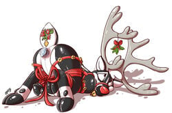 2018 animate_inanimate anthro antlers ass bell bondage bound capreoline cervid cervine christmas english_text holidays horn inflatable living_inflatable lizet lockheedskunk_(character) male mammal muzzle_(object) muzzled nozzle nude pool_toy red_nose reindeer rubber shiny simple_background sleigh_bells solo text white_background