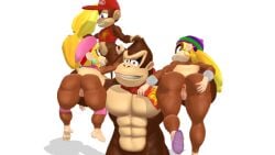 2boys 2girls 3d 3d_(artwork) abs anthro anus ape ass blonde_hair blowjob blue_eyes diddy_kong dixie_kong donkey_kong donkey_kong_(series) female_focus flexing green_eyes hinjy4 in_arms monkey monkey_girl monkey_humanoid pussy smirk straight strong tiny_kong transparent_background white_background