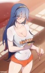 1girls alternate_costume bare_arms bare_thighs blue_eyes blue_hair breasts cleavage collarbone female female_only fire_emblem fire_emblem_awakening grin hooters indoors katsunei long_hair lucina_(fire_emblem) medium_breasts notebook pen shirt shorts solo sparkles thighs tiara very_long_hair waitress