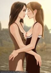 2girls black_dress blonde_hair breast_grab brown_dress brown_hair camilla_valerius closed_eyes multiple_girls skyrim the_elder_scrolls wizardofsand ysolda