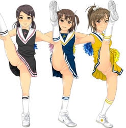 bare_shoulders blush brown_eyes brown_hair cheerleader clothing copyright_request female female_only footwear gossa-tei high_kick kicking knee_socks kneehighs kneesocks legs multiple_girls no_panties no_panties_under_skirt open_mouth ponytail pubic_hair pussy shoes skirt smile sneakers socks splits tied_hair twintails uncensored upskirt vertical_splits white_socks