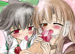 1boy 2girls assisted_fellatio black_hair blush bow brown_eyes brown_hair censored duo_handjob fellatio hairbow handjob hijiri_byakuren k-nokobeya kazu_(k_no_kobeya) kazu_(pixiv) long_hair multiple_girls multiple_penises oral penis red_eyes saliva sketch teamwork tongue tongue_out touhou two-handed_handjob unyu utsuho_reiuji wince