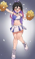 1girls alice_hoshihime armpits black_hair cheerleader cheerleader_outfit cheerleader_uniform female female_only kamihoshi_project kkrazyyyy1 looking_at_viewer multicolored_hair open_mouth original_character original_character_do_not_steal purple_eyes purple_hair simple_background small_breasts solo star_eyes star_pupils thighs tummy