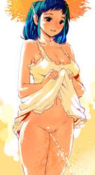 blue_eyes blue_hair blush breasts cleavage curvy dress dress_lift female hat igarasy innie_pussy lowres navel no_panties nose_blush original outdoor_pee peeing peeing_on_viewer purple_eyes pussy skirt skirt_lift solo standing standing_pee straight_hair straw_hat sundress uncensored urinating_female wet