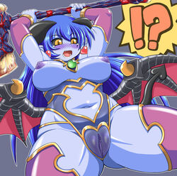 astaroth_(shinrabanshou) axe black_sclera blue_hair blue_skin blush breastless_clothes breastless_clothing breasts clitoris clothing demon_girl demon_horns demon_tail demon_wings detached_sleeves female horns large_breasts muhyowo navel nipples pussy see-through see-through_clothing shinrabanshou stockings tail tears thighhighs uncensored weapon wings yellow_eyes