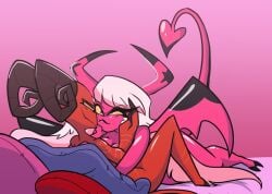 2demons 2girls anthro barbie_(helluva_boss) barbie_wire bed breasts demon demon_girl demon_girls demon_horns demon_humanoid demon_tail demon_wings demons duo female female/female fizzierolli furniture hair helluva_boss horn humanoid humanoid_on_anthro imp love multiple_girls nude on_bed pink_body pink_eyes red_body simple_background smile succubus succubus_horns succubus_tail succubus_wings tail verosika_mayday_(helluva_boss) white_hair wings yuri