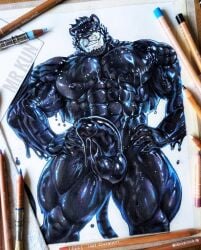 2025 abs anthro areola balls barazoku beard biceps black_areola black_body black_fur black_hair black_nipples black_skin black_slime deltoids facial_hair felid forearm_muscles fur genitals goo_body goo_creature hair hand_on_hip hi_res looking_at_viewer looking_down looking_down_at_viewer male mammal mrkun muscular muscular_anthro muscular_male muscular_thighs nipples nude obliques painting_(artwork) pantherine pecs penis smile solo tiger traditional_media_(artwork) traditional_painting_(artwork) white_body white_fur