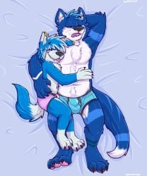 5:6 anthro biped black_nose black_seam_underwear blep blue_body blue_boxer_briefs blue_clothing blue_ears blue_fur blue_hair blue_tail blue_underwear border_collie boxer_briefs boxer_briefs_only canid canine canis claws closed_eyes clothed clothing collie colored_seam_underwear cuddling curled_tail dipstick_ears domestic_dog duo ear_piercing ear_ring floppy_ears fur gao_(gaokun) gaokun graw_(gaokun) hair herding_dog hi_res hybrid male male/male mammal monotone_ears multicolored_body multicolored_ears multicolored_fur multicolored_hair multitoned_tail mustelid nordic_sled_dog open_mouth otter pastoral_dog pawpads piercing pink_boxer_briefs pink_clothing pink_pawpads pink_underwear ring_piercing samoyed sheepdog size_difference sleeping spitz tail toe_claws tongue tongue_out topless two_tone_body two_tone_ears two_tone_fur two_tone_hair two_tone_tail underwear underwear_only watermark white_body white_ears white_fur white_hair white_tail wolf