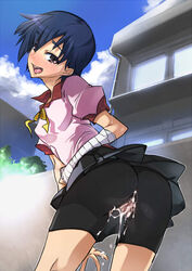 after_sex ass bakemonogatari bent_over bike_shorts bottomless cum cum_in_ass cum_inside cumdrip female from_behind hijiri kanbaru_suruga monogatari_(series) saliva skirt solo tongue torn_clothes uncensored upskirt