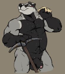 2021 anthro ass badger balls belly biceps blush deltoids echo_(series) echo_project flaccid foreskin genitals grin leo_zeke looking_at_viewer male mammal manly mature_male musclegut muscular muscular_legs mustelid musteline navel nikolai_(the_smoke_room) pecs penis pickaxe pubes simple_background slightly_chubby smile solo standing the_smoke_room towel towel_around_neck triceps