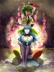 2girls a.trigger aqua_eyes aqua_hair bare_shoulders barefoot big_breasts blue_leotard blunt_bangs blurry burning choker cleavage collarbone crown crying crying_with_eyes_open earrings effects eyelashes eyes_up eyeshadow female female_only fire full_body ganesha_(vocaloid) ganesha_gumi ganesha_miku gem gold_earrings gold_jewelry golden_earrings green_hair grin gumi hand_up hatsune_miku hoop_earrings jewelry jewels knife leotard lipstick loincloth looking_up low_twintails makeup masa_works_design medium_hair miniskirt multiple_girls mv_character orange_eyes palms pelvic_curtain pink_lipstick pink_nail_polish pink_nails pleated_skirt red_lipstick red_nail_polish red_nails shaded sitting_on_pillow skirt smile snake snake_eyes suggestive teeth thighhighs twintails vocaloid