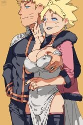 1boy 1girls 2023 black_nails blonde_hair blue_eyes boruko boruto:_naruto_next_generations breasts collar collarbone covered_erect_nipples cowboy_shot cucked_by_father dated dress earrings facial_mark father_and_son feet_out_of_frame female genderswap_(mtf) grabbing grabbing_another's_breast half-closed_eyes highres human incest jewelry large_breasts long_sleeves looking_to_the_side magi male nail_polish naruto naruto_(series) parted_lips pelvic_curtain ring rule_63 short_hair simple_background smile standing teeth thighs uzumaki_boruto uzumaki_naruto wedding_band whisker_markings white_dress yellow_background