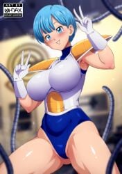 1girls big_breasts blue_eyes blue_hair blush bulma_briefs double_v dragon_ball dragon_ball_z female female_only gloves hi_res looking_at_viewer ohdax saiyan_armor smiling smiling_at_viewer solo thick_thighs v_sign