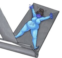 1girls after_squeeze belly_expansion big_belly big_breasts black_hair blue_bodysuit blue_skin blue_skinsuit blueberry_inflation bluev bodysuit breast_expansion expansion hairbun inflation laying_down sile2011 skinsuit tagme the_factory_saga tied_hair