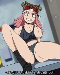 1girls arm_support big_breasts boku_no_hero_academia breast_slip breasts breasts_out dialogue goggles looking_at_viewer looking_down mei_hatsume my_hero_academia navel nipple one_breast_out panties pink_hair pussy_peek sitting sitting_on_table smile socks sparklesp1 tank_top thick_thighs thighs wardrobe_malfunction yellow_eyes