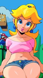 blonde_female blonde_hair blue_eyes booty_shorts crop_top cropped_shirt jamesama kolsan light-skinned_female light_skin looking_at_viewer mario mario_(series) nosebleed outdoors pink_lips pink_lipstick pink_shirt pinup ponytail pov pov_eye_contact princess princess_peach shiny_skin shoulders super_mario_bros. thighs