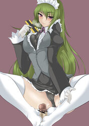 black_panties blackberry bra breasts cameltoe censored feet footjob footjob_with_legwear gloves green_hair highres large_breasts long_hair momio panties pantyshot penis purple_eyes spread_legs thighhighs underwear white_gloves yuukyuu_no_sharin zettai_ryouiki