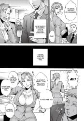 business_attire business_suit business_woman closed_eyes clothed clothed_female clothed_male doujinshi hard_translated jyoka laugh laughing office office_lady original ponytail smile stressed suit suit_and_tie tie translated