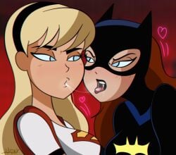 2girls after_kiss barbara_gordon batgirl batman blonde_hair dc dc_comics fetish kissing lesbian_kiss red_background saliva saliva_on_mouth saliva_string saliva_trail spit spitting_in_mouth supergirl supergirl_(series) superheroine theanonyms yuri