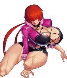 1girls bare_thighs big_breasts cleavage eyes_hidden female female_only hair_covering_eyes highres huge_breasts king_of_fighters laying_on_ground light-skinned_female light_skin miniskirt ponytail red_hair resting shermie_(kof) short_skirt smiling snk thick_thighs ti_(pixiv473275) voluptuous voluptuous_female