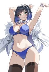 1girls 2024 armpits arms_up belly belly_button black_hair blue_underwear breasts genshin_impact green_eyes harimoji pale_skin short_hair solo solo_female solo_focus thick_thighs thighs two_tone_hair white_background yelan_(genshin_impact)