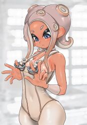 2d 2d_(artwork) agent_8_(side_order) agent_8_(splatoon) big_breasts female_only grey_eyes koharuno2 looking_down_at_breasts no_bra octoling octoling_girl one-piece petite petite_body petite_female silver_eyes solo solo_female splatoon splatoon_(series) splatoon_3 splatoon_3:_side_order tan_body tan_lines tanline tanned_female tanned_girl tanned_skin tentacle tentacle_hair tugging_clothing unusual_pupils white_hair wide_hips