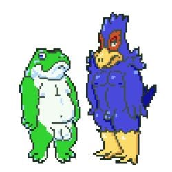 2boys anthro balls cototoneedmoney falco_lombardi furry male_only nude penis pixel_art slippy_toad star_fox tagme transparent_background