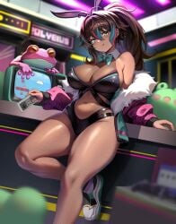 arcade black_hair breasts bunny_ears bunnysuit clothing female fishnet_legwear fishnets frog gadthegod game_controller indie_virtual_youtuber jacket looking_at_viewer neon_harper pouting stockings stomach tan_skin tanned thick_thighs thighs two_tone_hair virtual_youtuber yellow_eyes