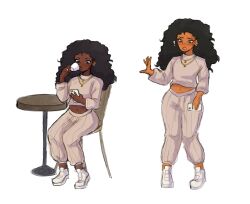 1girls african african_female before_inflation black_hair cellphone coffee cup curly_hair dark-skinned_female drinking drinking_coffee earrings frizzy_hair inflation long_hair long_sleeves navel necklace orange_skin pumpkin_inflation ring shirt sile2011 skin_color_change sweatpants the_factory_saga