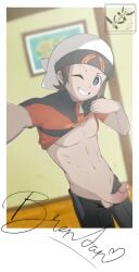 autograph blinking brendan_(pokemon) game_freak gay kubikun looking_at_viewer male_focus male_only nintendo pokemon pulling_down_pants smile uncensored