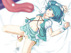 bandaid bar_censor blue_eyes censored colored_eyelashes eyelashes flat_chest geta heterochromia karakasa_obake kogasa_tatara nipples open_toe_shoes peeing pointless_censoring pussy red_eyes sandals short_hair spread_legs tongue torn_clothes touhou umbrella yousisi