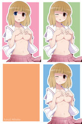 blonde_hair blue_eyes breasts brown_eyes cum fukuji_mihoko heterochromia highres human maruto maruto! navel open_clothes open_shirt saki school_uniform shirt skirt