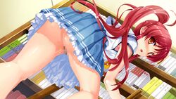 blush brown_eyes censored misaki_kurehito miyamae_tomoka no_panties pussy_juice red_hair school_uniform suiheisen_made_nan_mile?